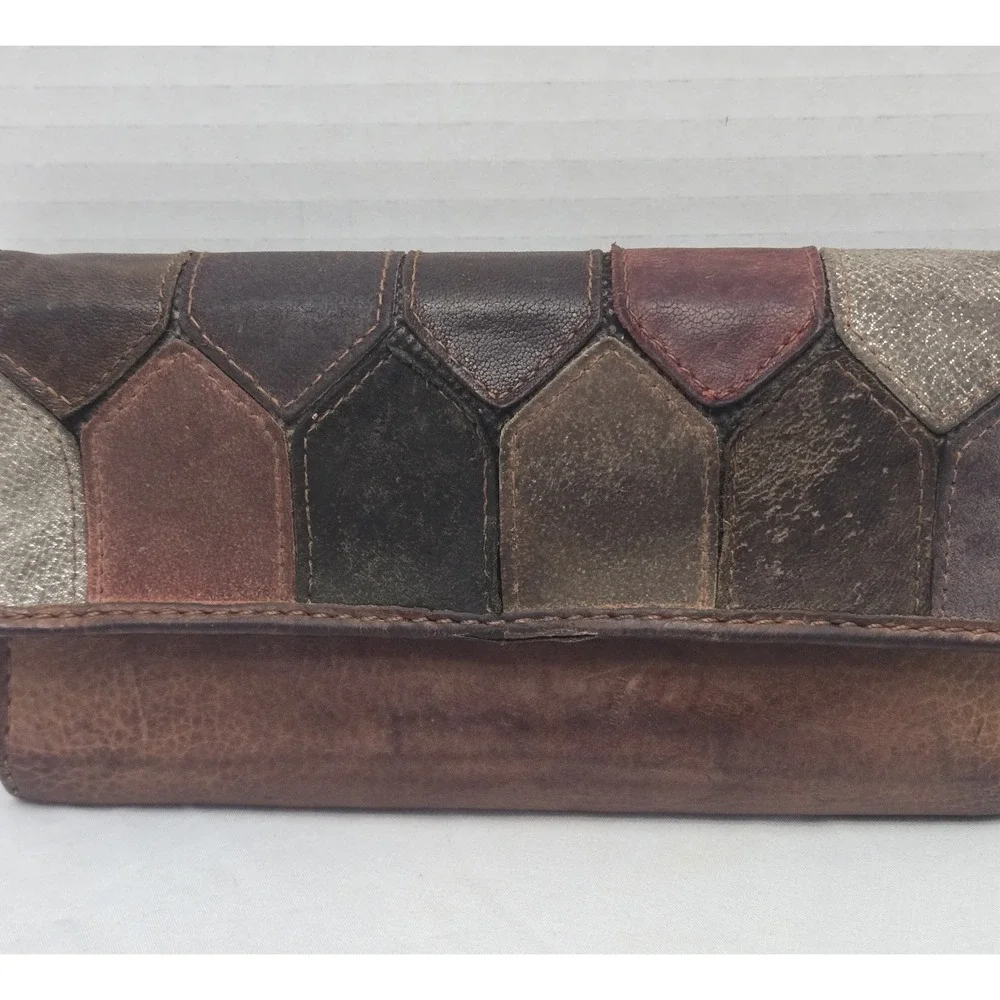 Vintage Fossil Leather Patchwork Trifold Wallet Emory Clutch Boho Y2K 1954